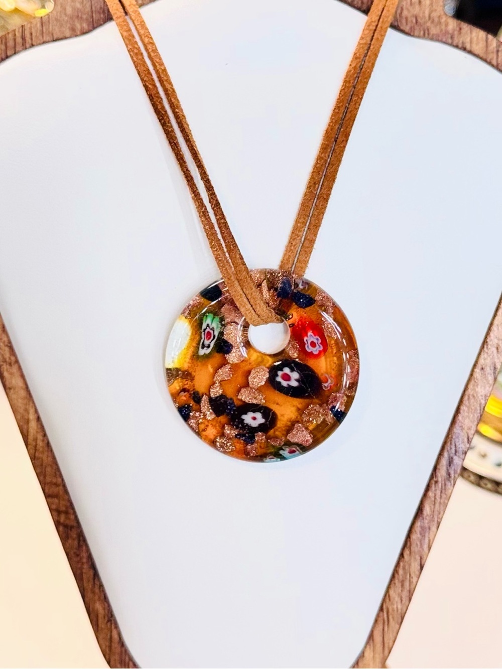 Vintage Murano Art Glass "Donut" Pendant Gold Aventurine & Millefiori
